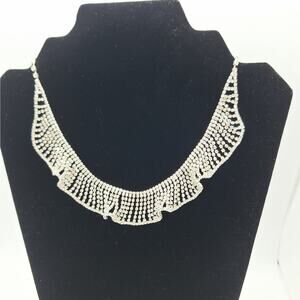 Clear Rhinestone Necklace Silver Tone Ruffle Look Bridal